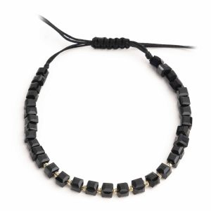 Bratara reglabila cu bile de aur si cristale cubice negre