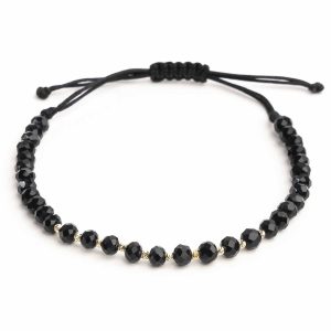 Bratara reglabila cu bile de aur si cristale negre fatetate