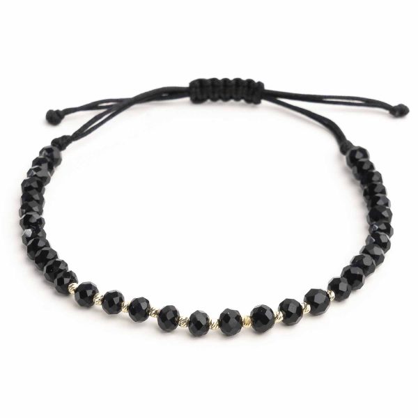 Bratara reglabila cu bile de aur si cristale negre fatetate